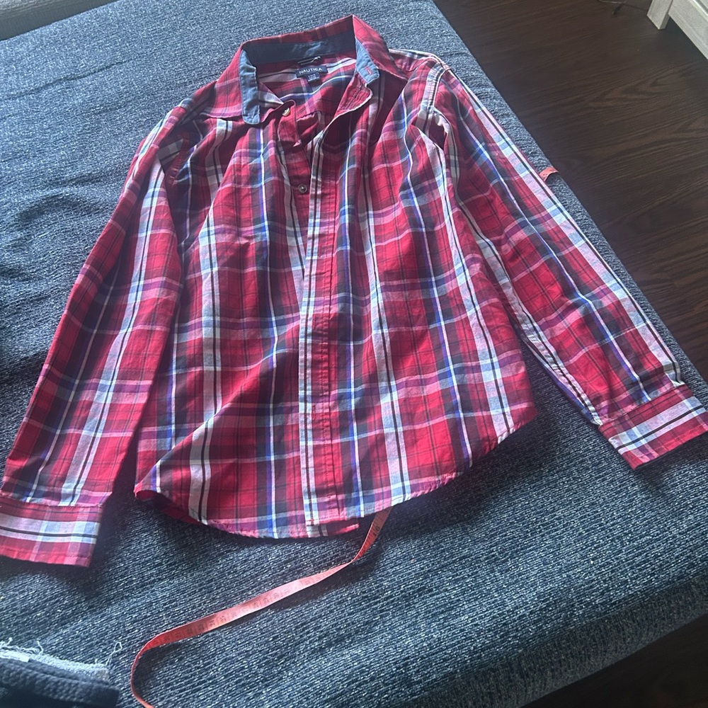 Nautica Red and Blue Plaid Kids Button Down Shirt New Condition